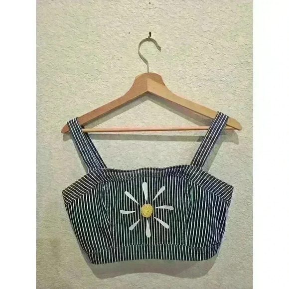 Forever 21 Denim crop top with sunshine. Size Medium. - Picture 1 of 3